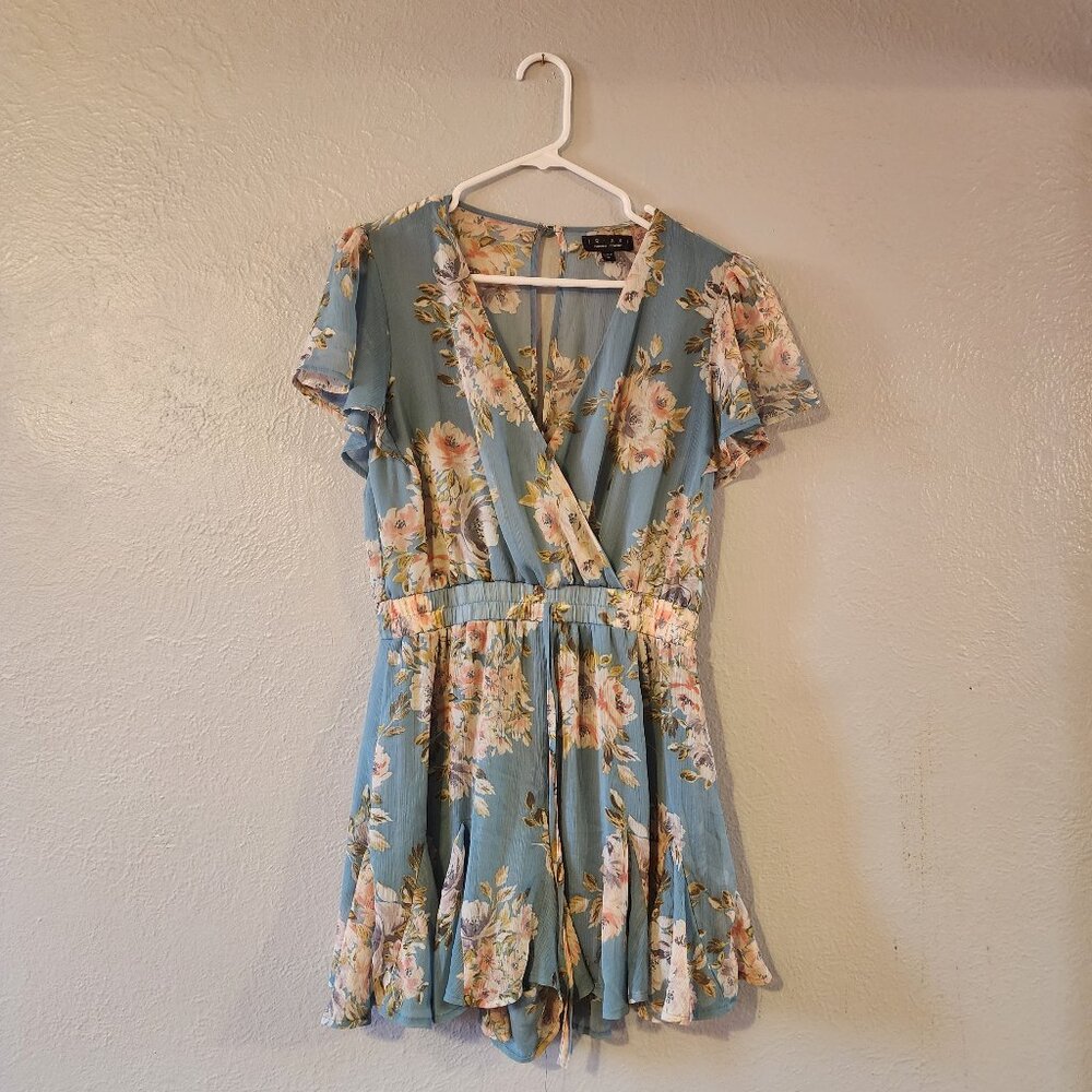 Trixxi Size 14 Blue Floral Sheer Back Medium Dress With Elastic Waistband